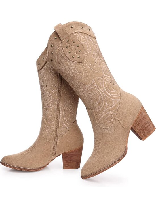 Shoes - Women's Apricot Wide Calf Western Pointed Toe Chunky Heel Suede Embroidered